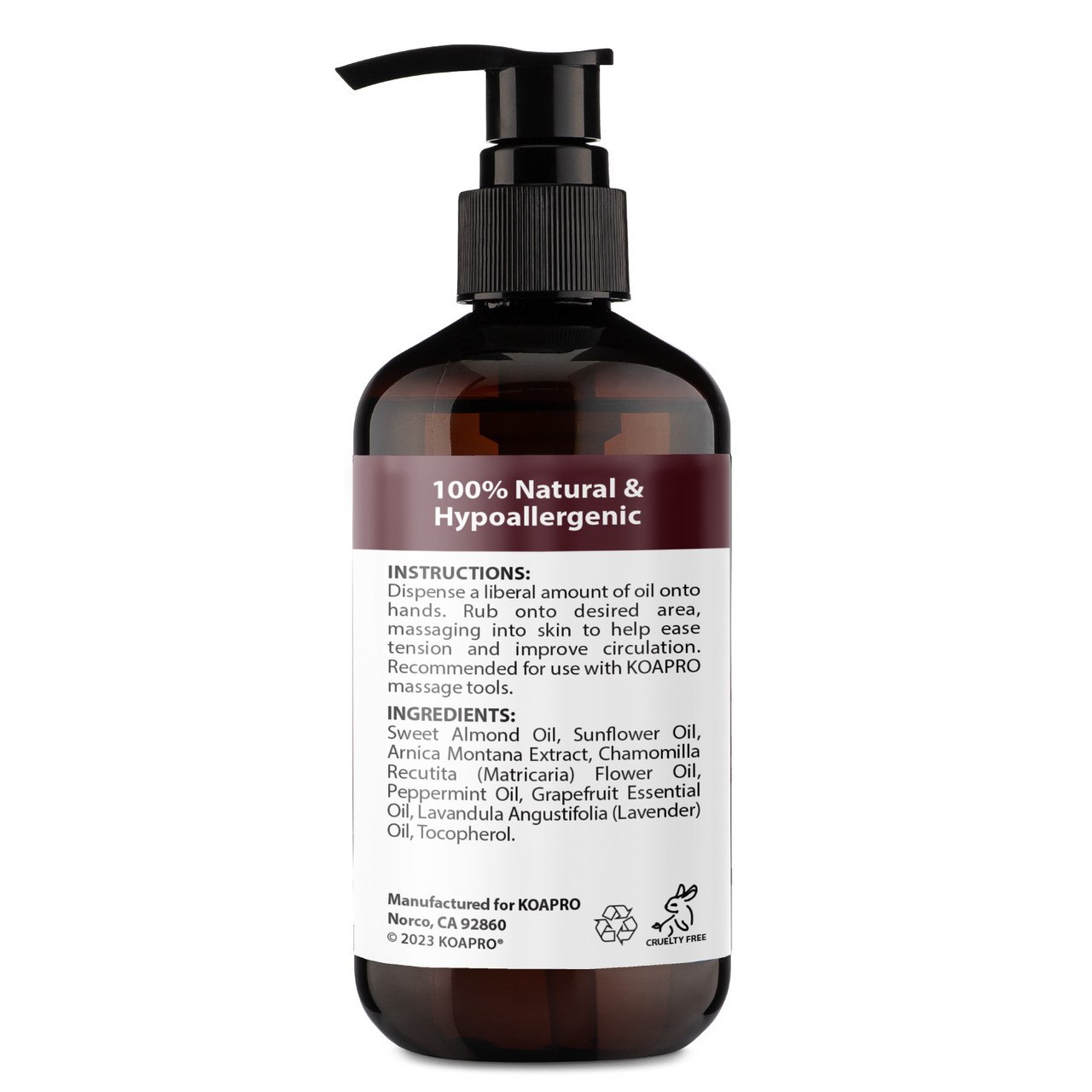 KOAPRO Massage Oil - Bottle image showing Instructions and Ingredients.