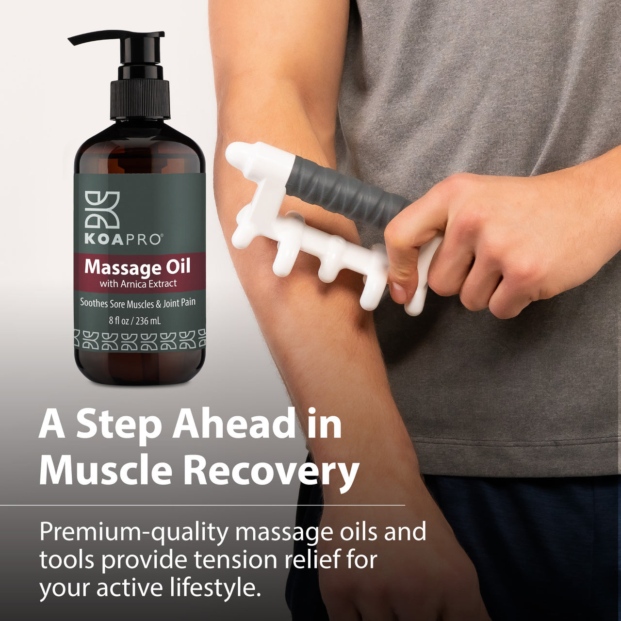 Man using KOAPRO Massage OIl with Original Fascia Massage Tool.