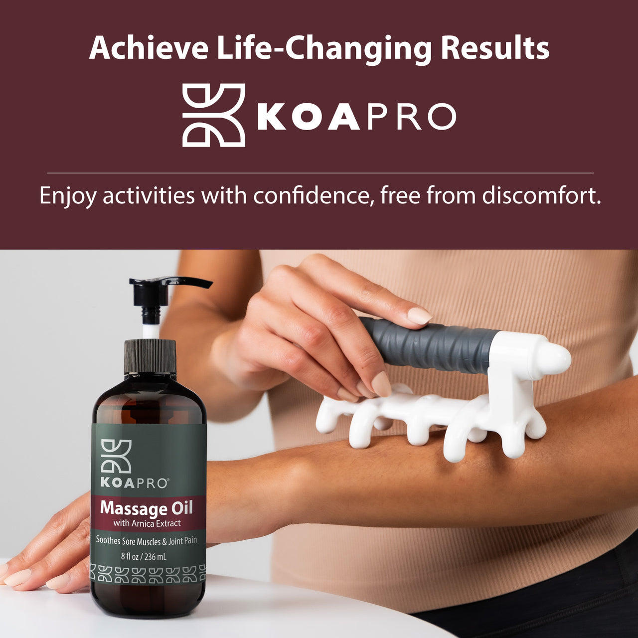 KOAPRO Massage Oil - Achieve Life-Changing Results. Woman using KOAPRO Massage Oil with Original Fascia Massage Tool.