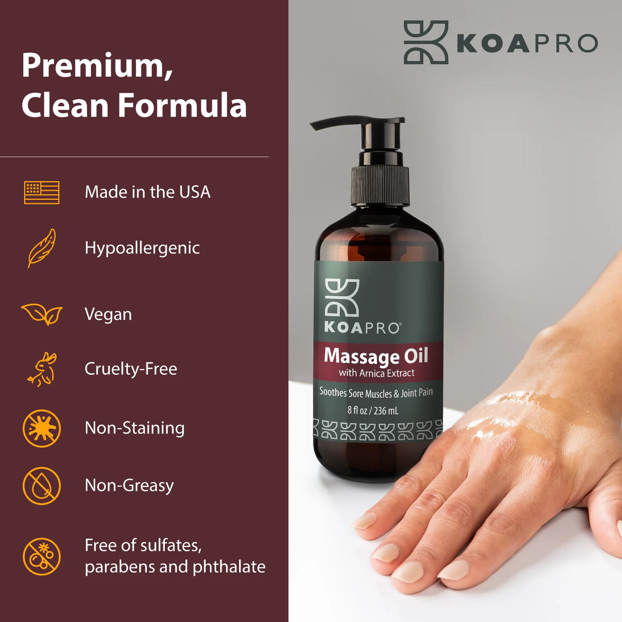KOAPRO Massage Oil - Premium Clean Formula, Made in the USA.tions and Ingredients.
